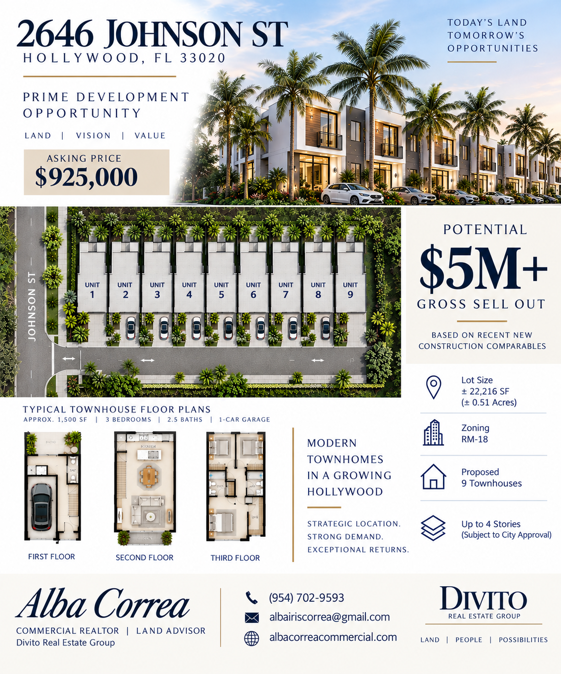 2646 Johnson St Hollywood FL development flyer — 9-townhome concept, RM-18 zoning